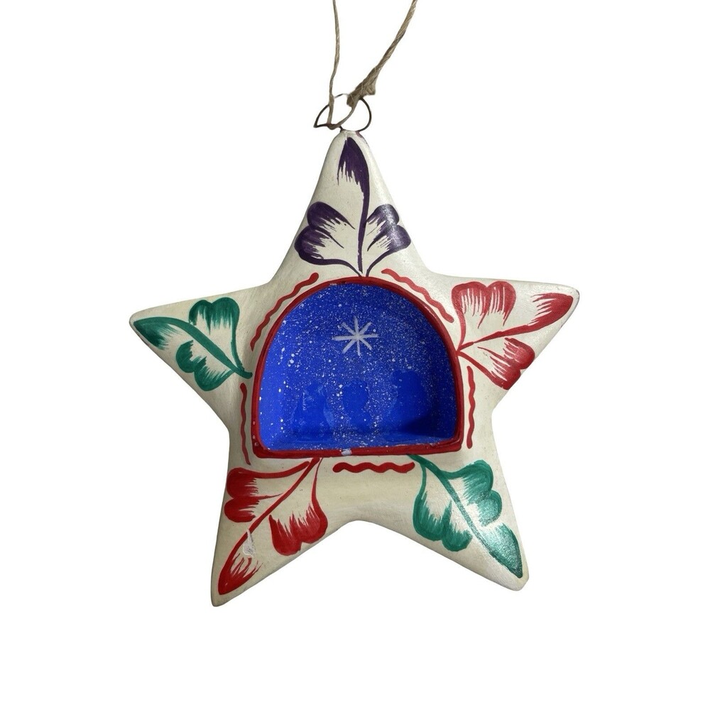 Vintage Mexican Pottery Star Christmas Ornament Hand Painted Double Side Artisan